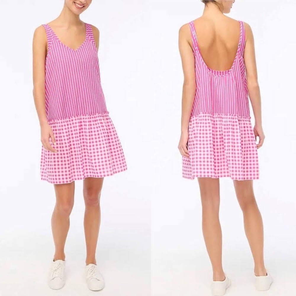 NWT J. Crew Bright Pink Gingham and Stripes Cover Up Summer Dress - Size Small